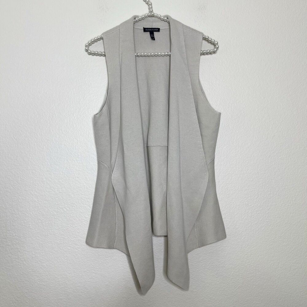 Eileen Fisher Vest Small Knit Open Front  Silk Cotton Oatmeal Beige Sleeveless